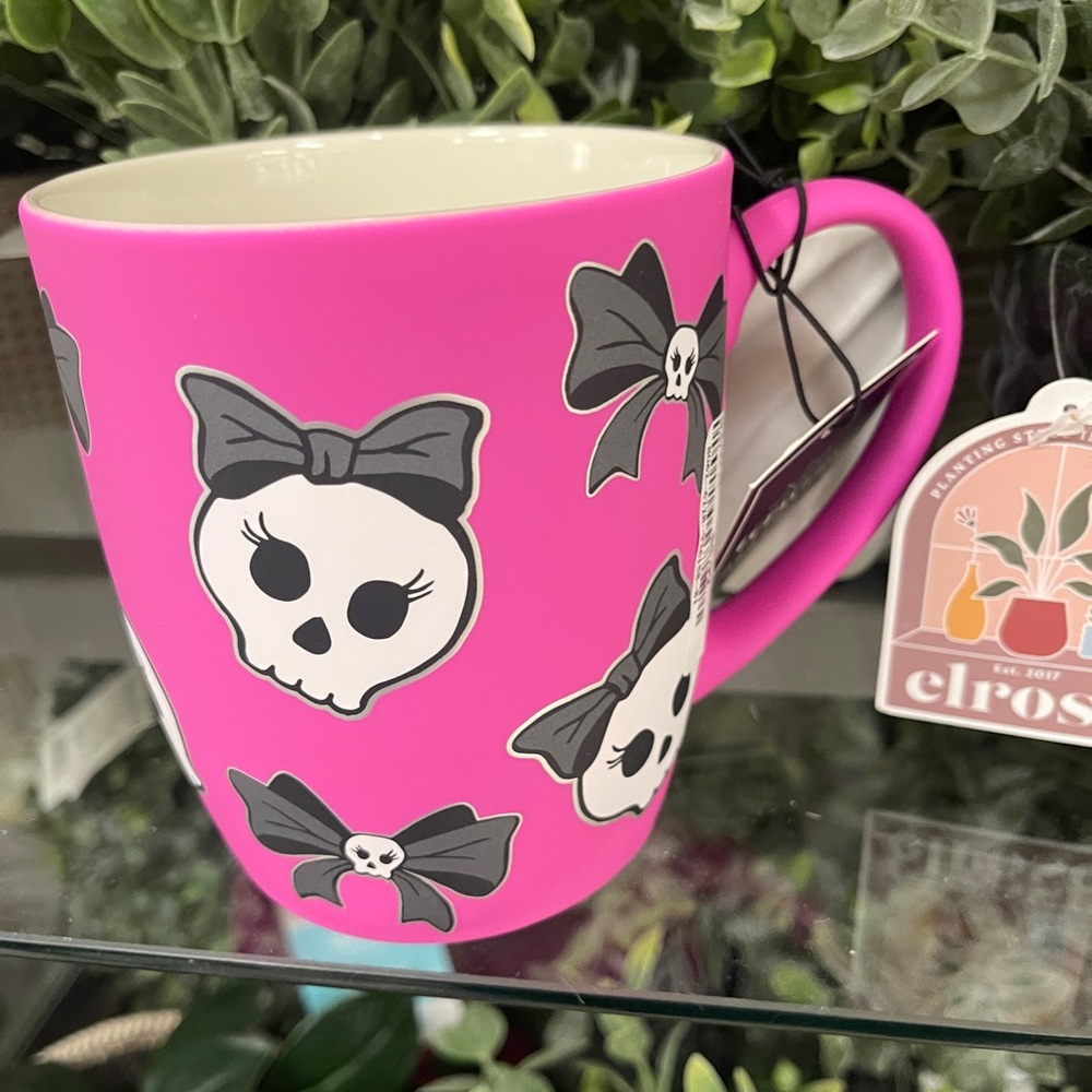 Halloween Skulls with Bows Coquette Hot Pink Smooth Matte Soft Touch Mug NWT